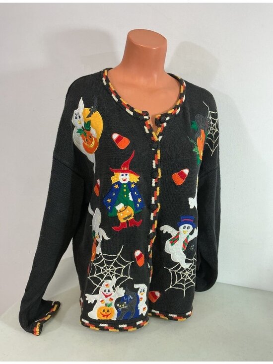 Tiara International Sweaters - Vintage Halloween Cardigan Sweater Witch Black Cat Candy Corn Womens XL